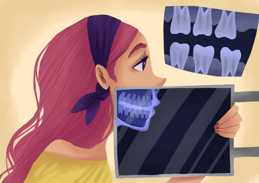 Side profile illustration of a woman getting a dental X-ray image