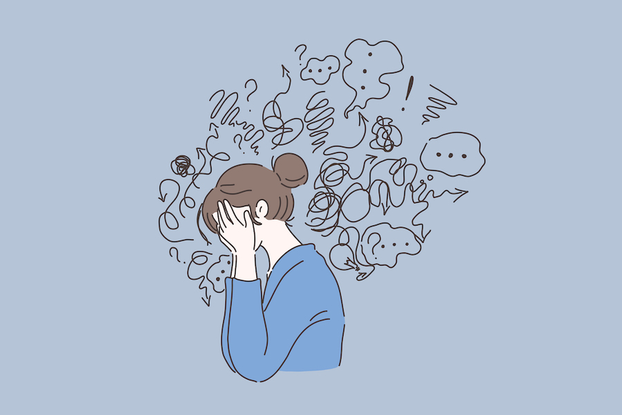 Illustration of a brunette woman with her head in her hands surrounded by scribbles to represent stress