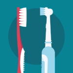 A manual toothbrush next to an electric toothbrush on a teal background
