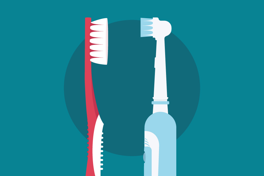 A manual toothbrush next to an electric toothbrush on a teal background