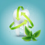 Green reduce/reuse/recycle image around tooth with peppermint leaf isolated on blue background. Accompanies article on eco-friendly dentistry.