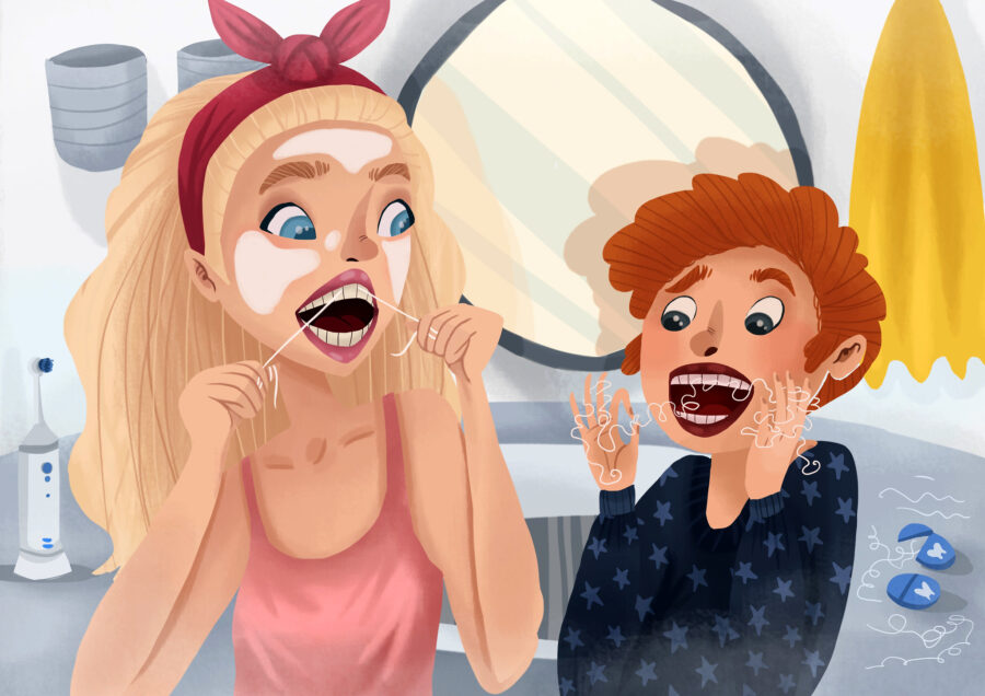 Graphic illustration of young woman and young boy flossing.