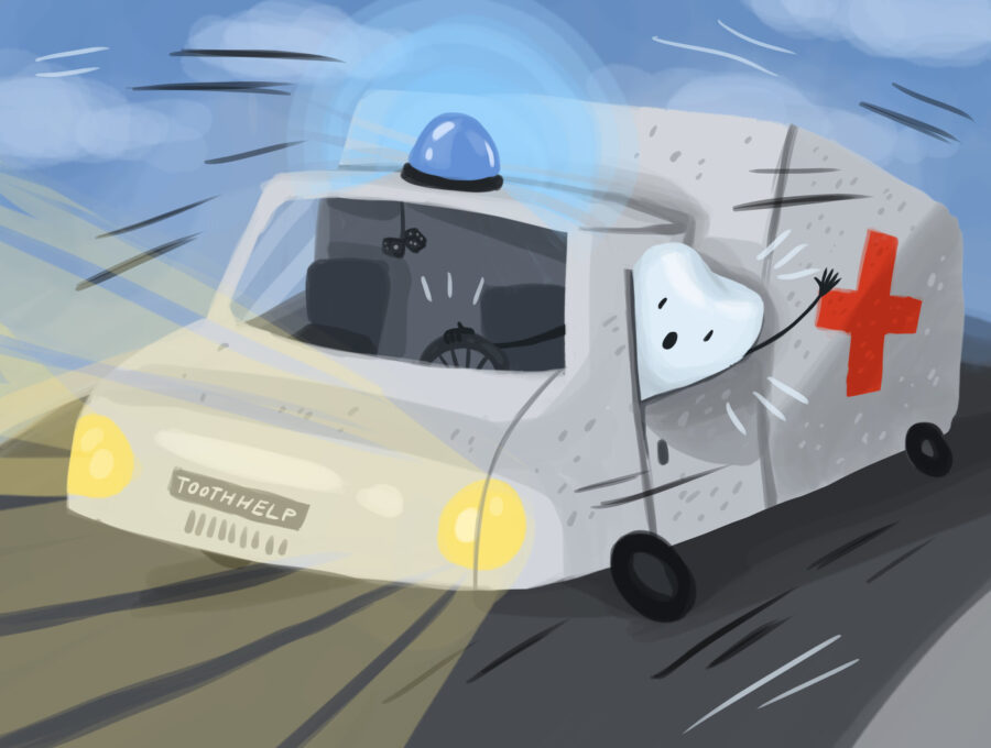 dental emergency, graphic illustration of tooth in an emergency vehicle