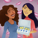 graphic illustration of two women with DIY clear aligners, DIY braces, DIY ortho kit