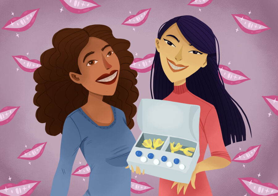 graphic illustration of two women with DIY clear aligners, DIY braces, DIY ortho kit