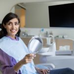 woman in dental chair for cosmetic dental bonding